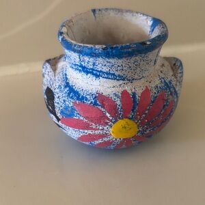 Hand-Painted Blue Pot with Pink Flower Design